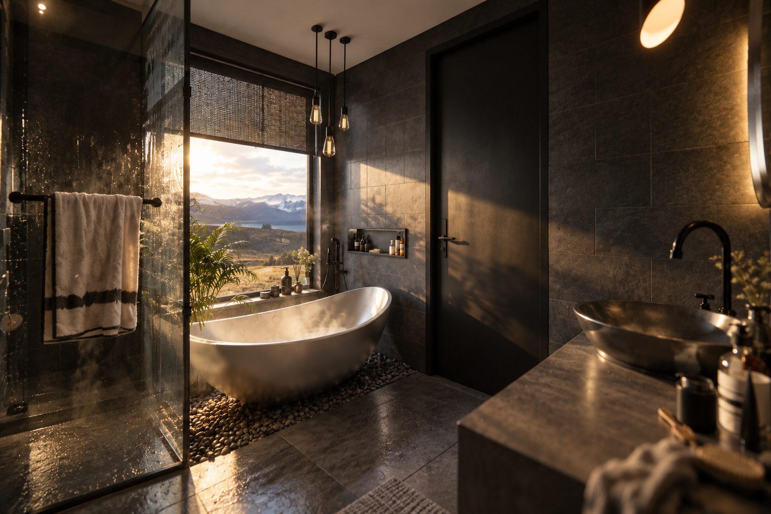The suite tub set to a window over the valley in daylight