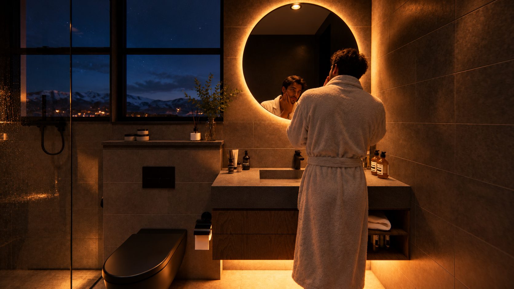 Stone bathroom at night, backlit mirror, the snow line through the window