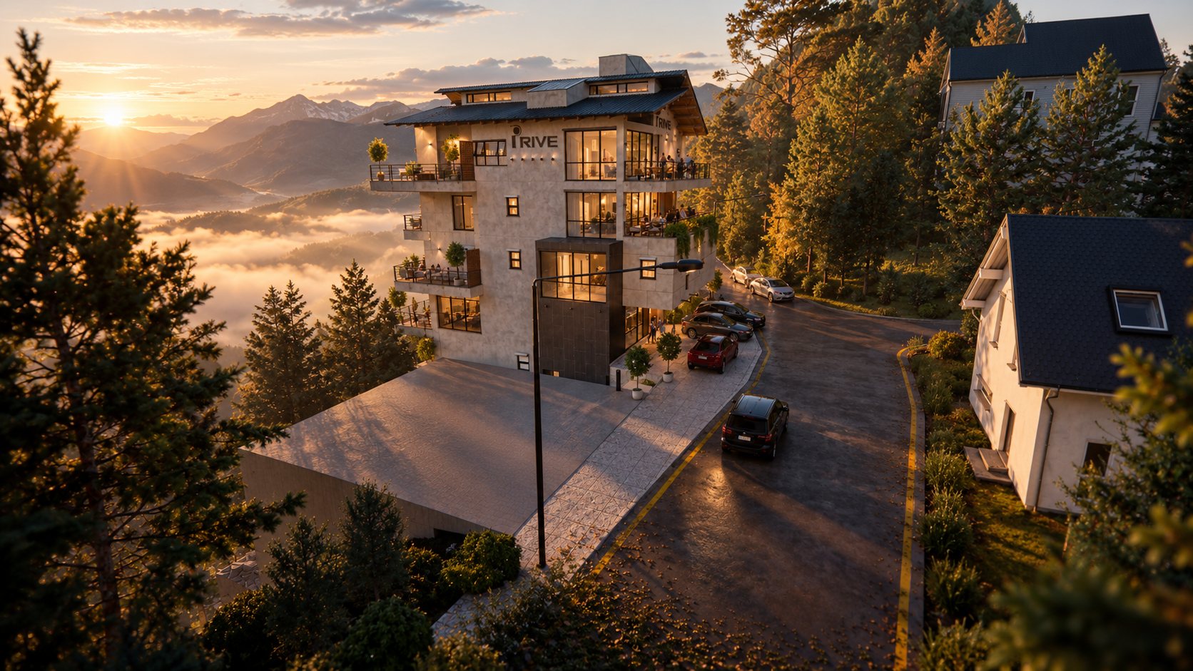 Privé from the road side at golden hour, cloud lying in the valley beyond
