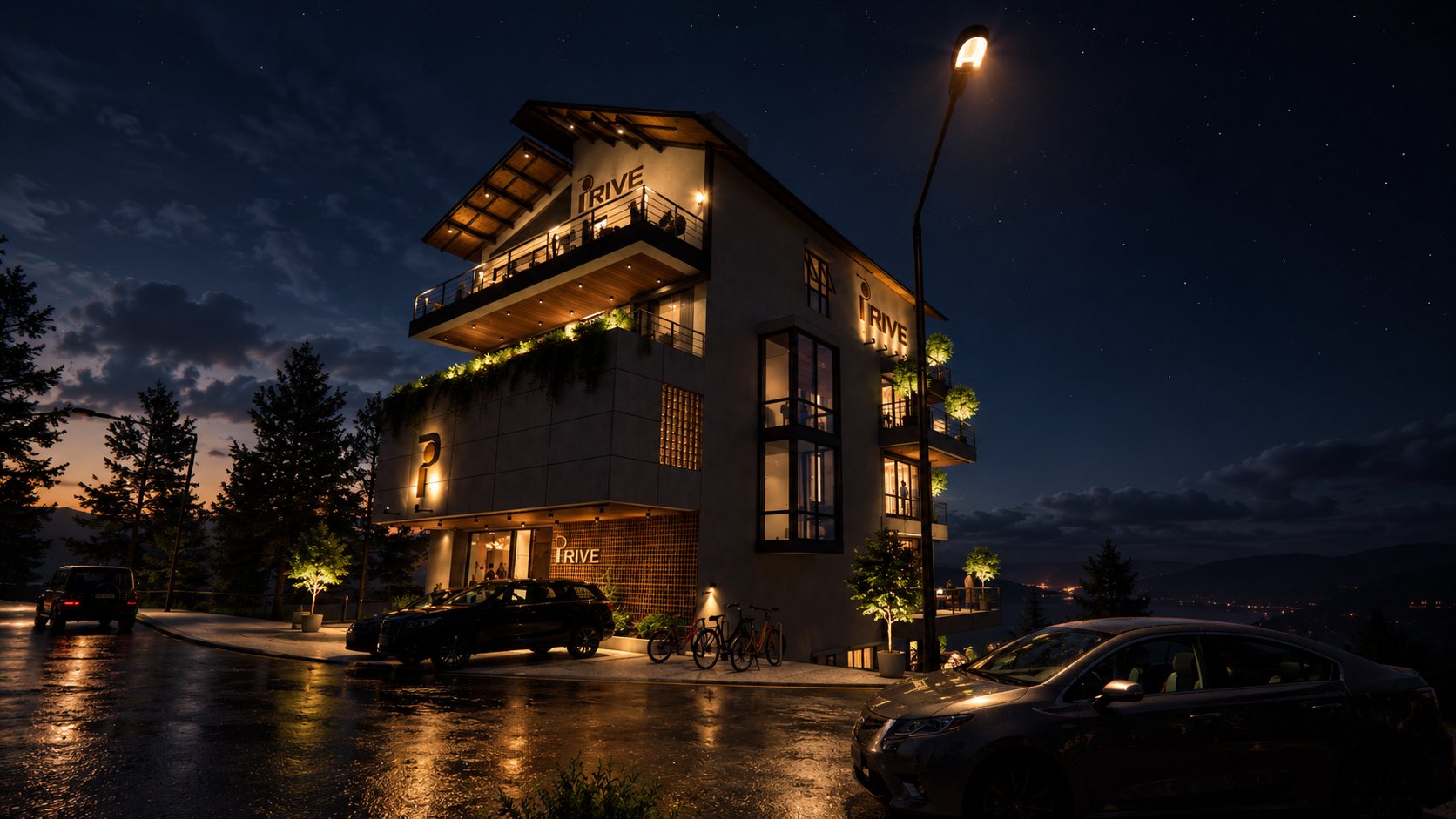 Privé from the road on a wet night, signs lit and cars drawn up at the door