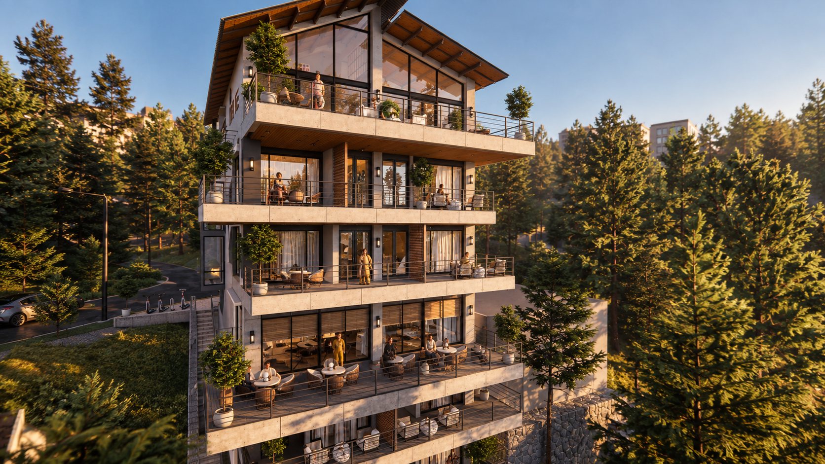 The valley side of Privé at golden hour, a terrace on every level among the pines