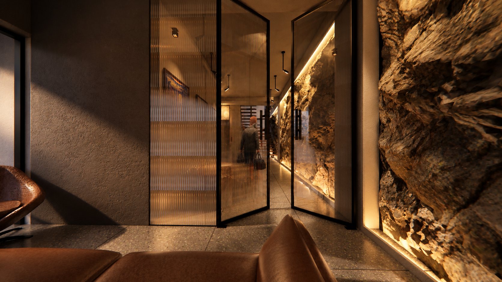 Reeded glass doors opening onto the stone corridor