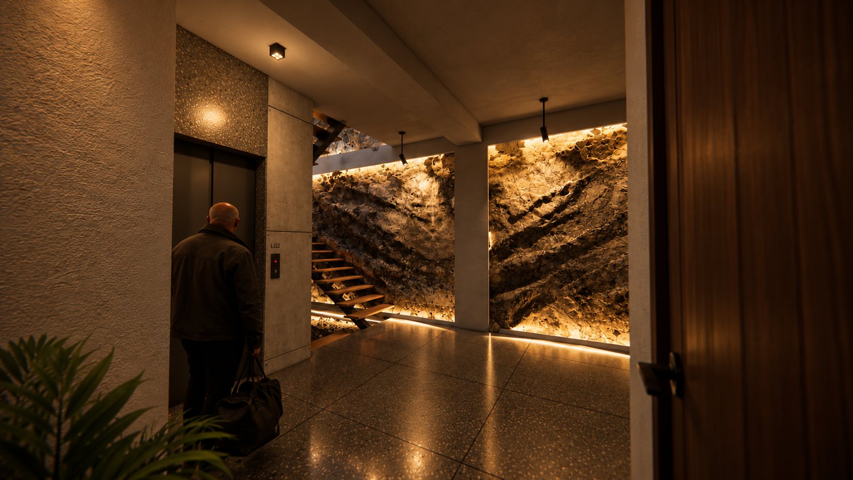 The lower lift lobby, the timber stair cut through the backlit stone wall