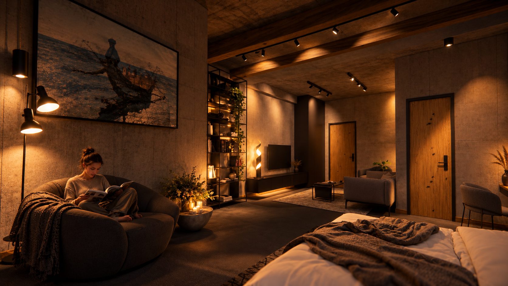 Reading by lamplight in the lounge end of the residence