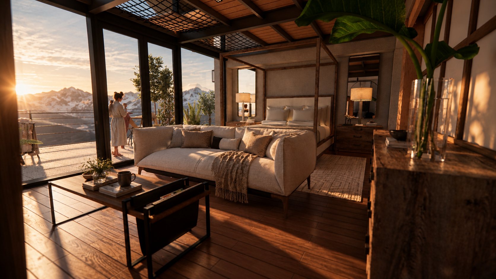 The penthouse bedroom at golden hour, four-poster bed and sofa facing the terrace