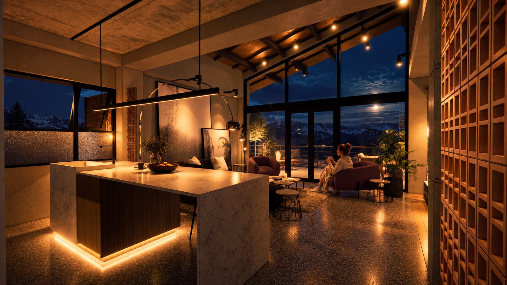 The penthouse living room at night, the moon over the snow line through the glazing