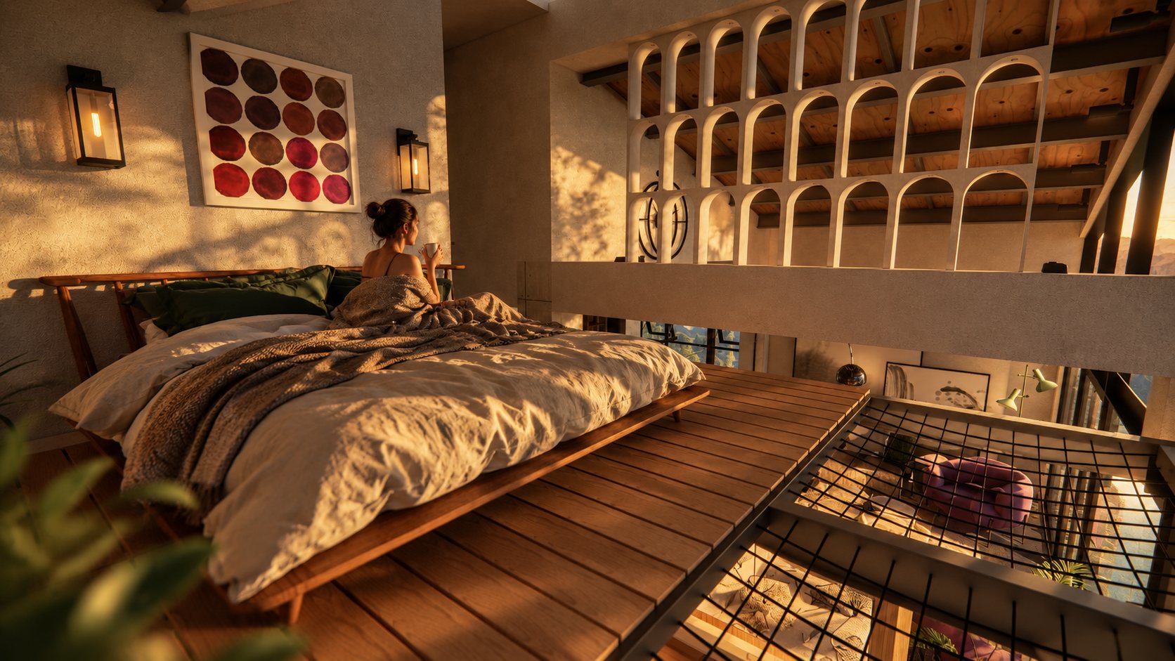 The penthouse loft bed at golden hour, the living room visible below through the mesh floor