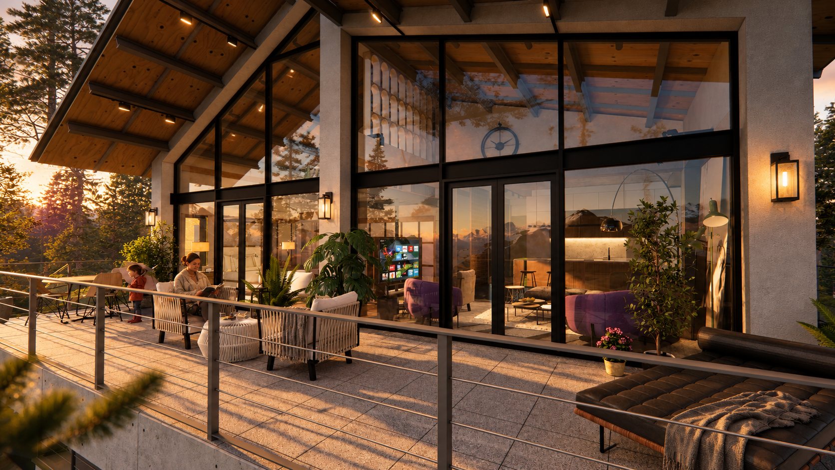 The penthouse terrace at golden hour, the double-height glazing behind