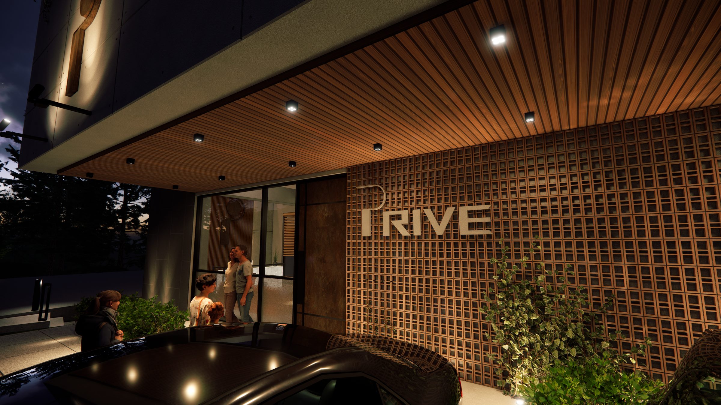 Covered arrival at Privé at night