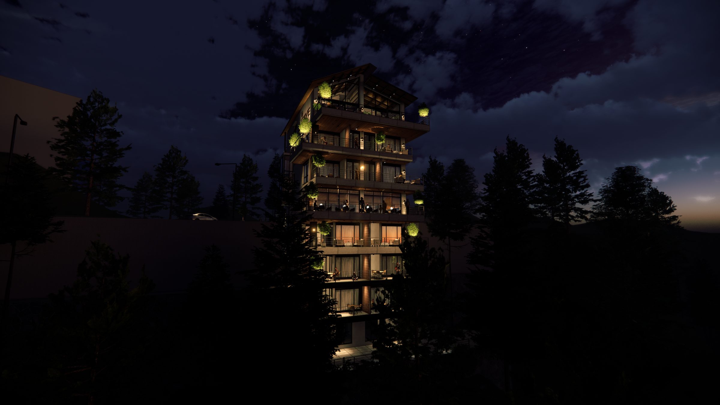 Privé lit against the trees at night