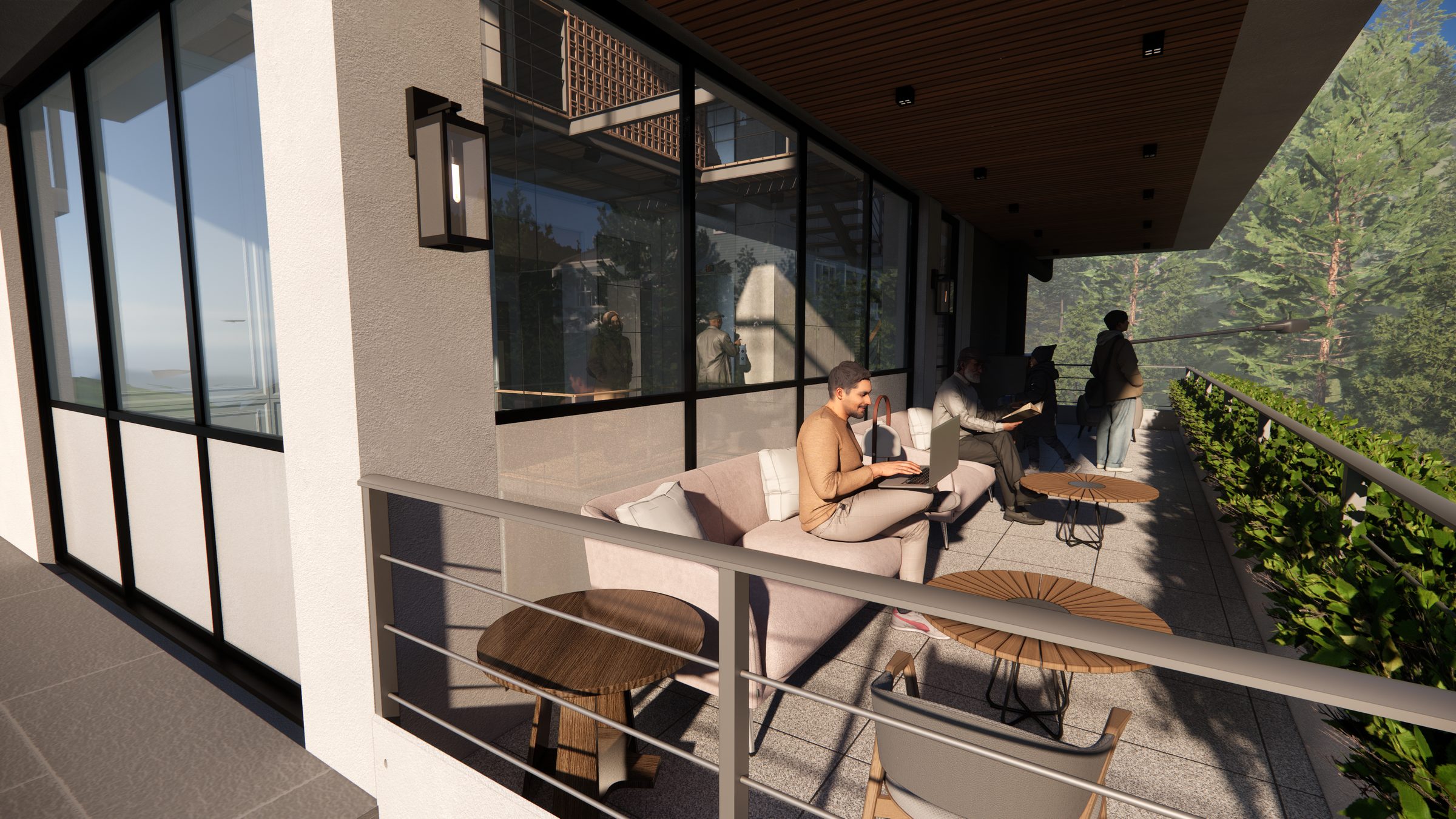 Terrace of a residence in the morning, valley beyond