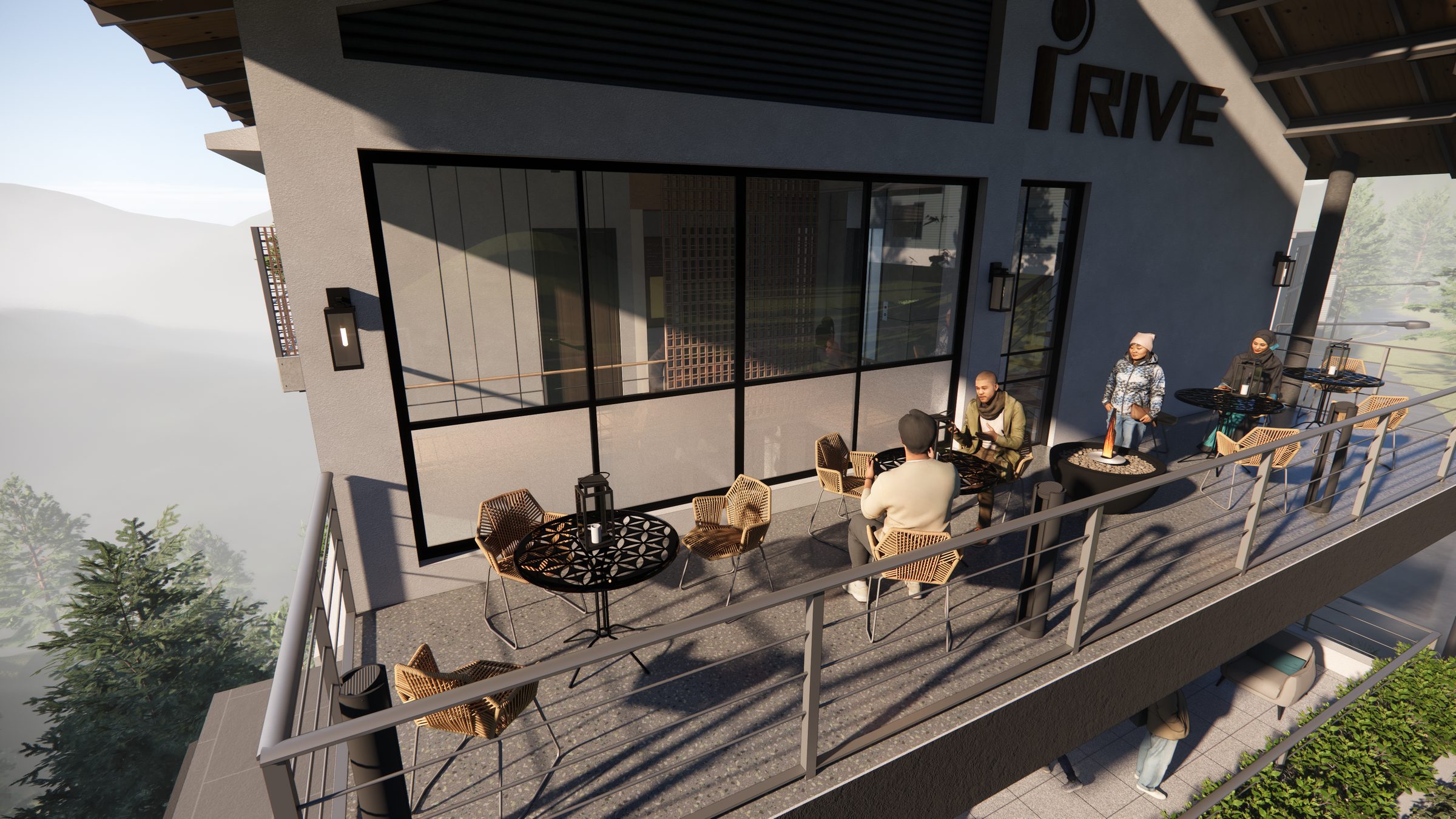 Guests on the open terrace in daylight above the valley