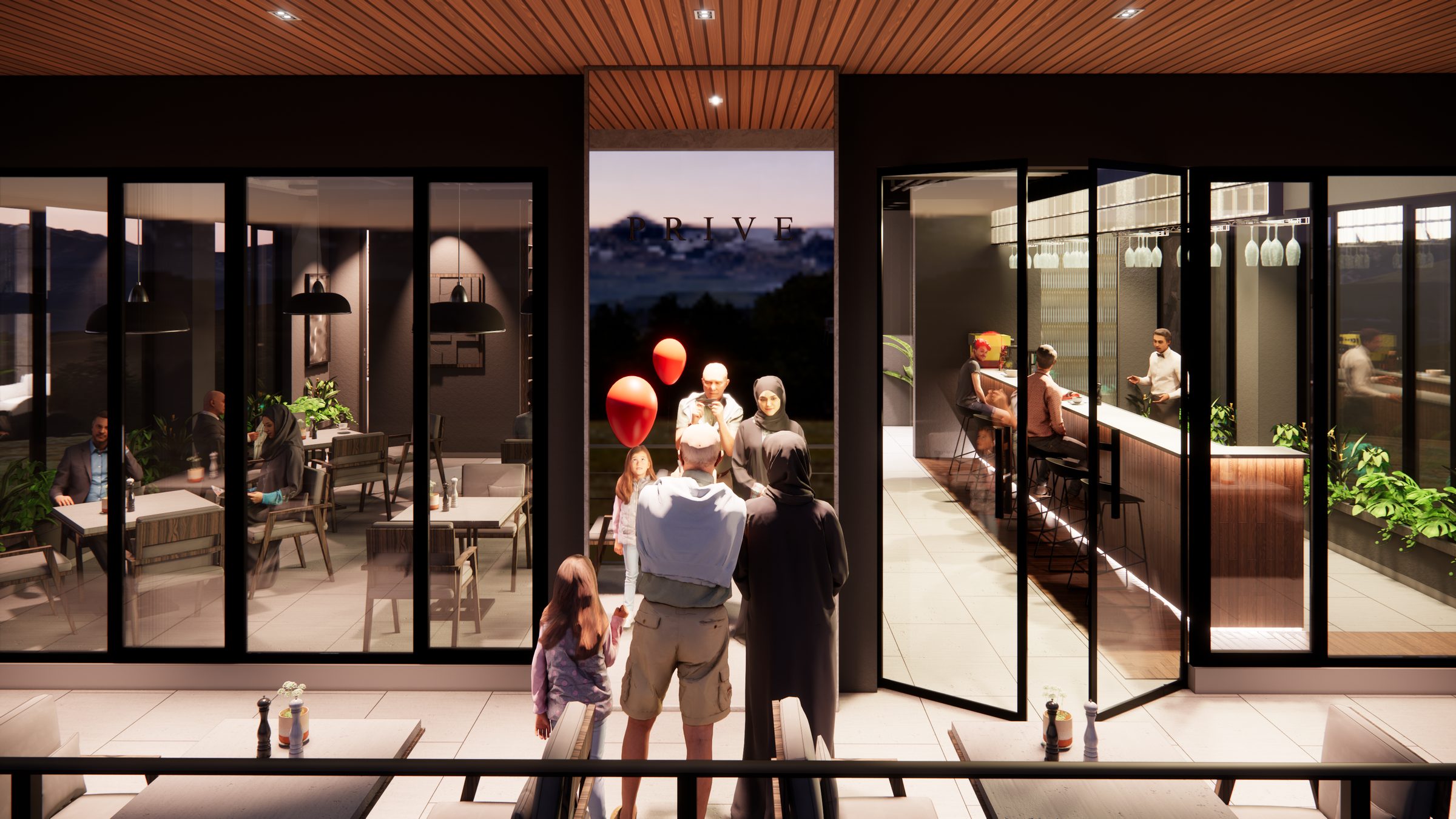 Terrace dining at dusk with the range beyond