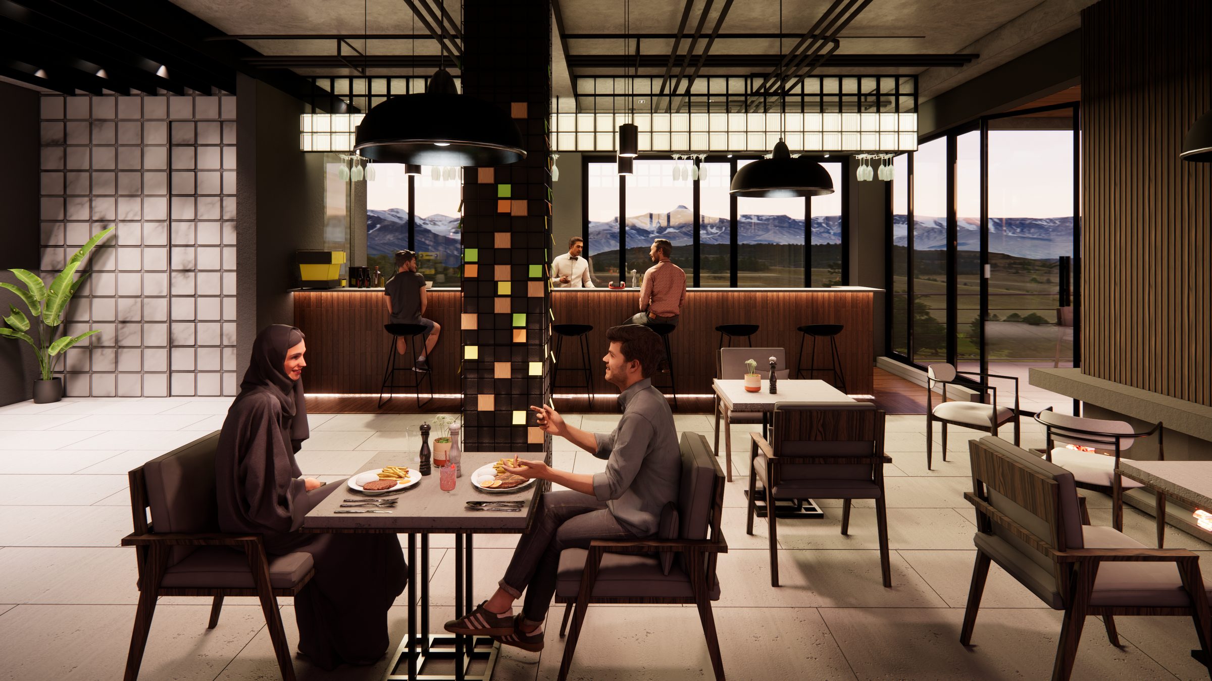 Bar counter set against full-height glazing with the mountains beyond