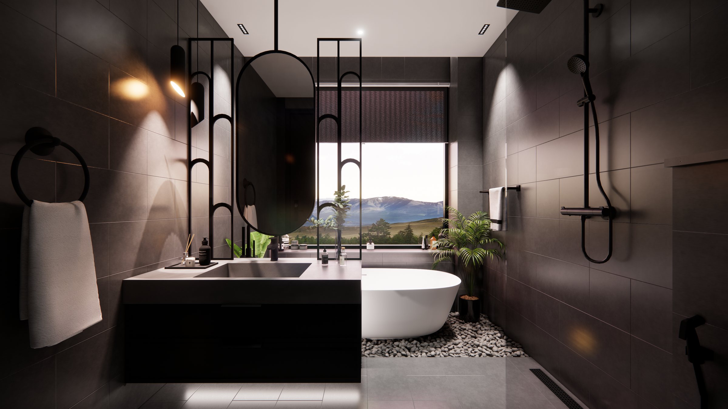 Suite bathroom with a tub set to the window and walk-in shower