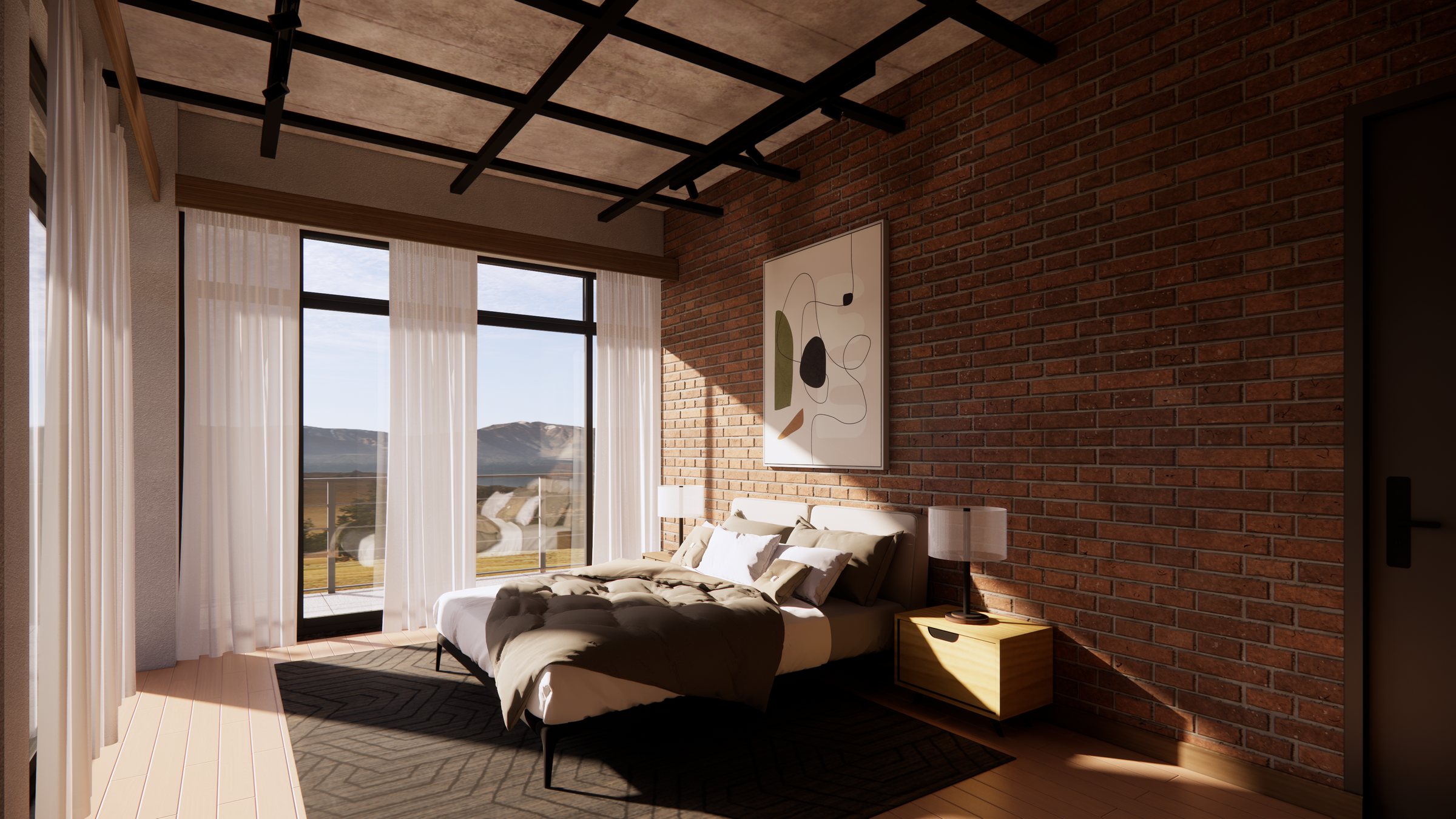 Bedroom with exposed brick and full-height glazing to the mountains