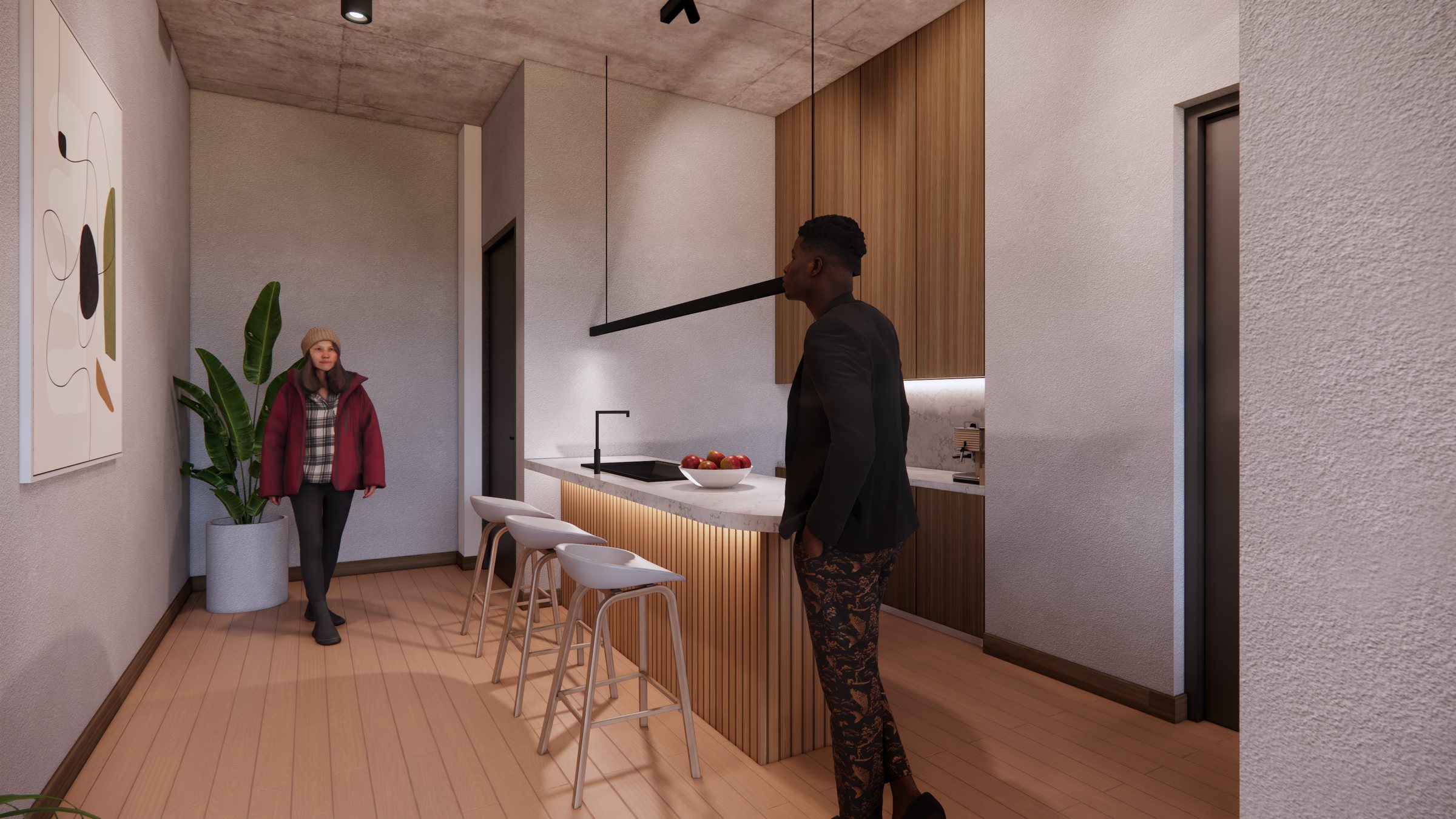 Kitchenette with stone counter and breakfast stools