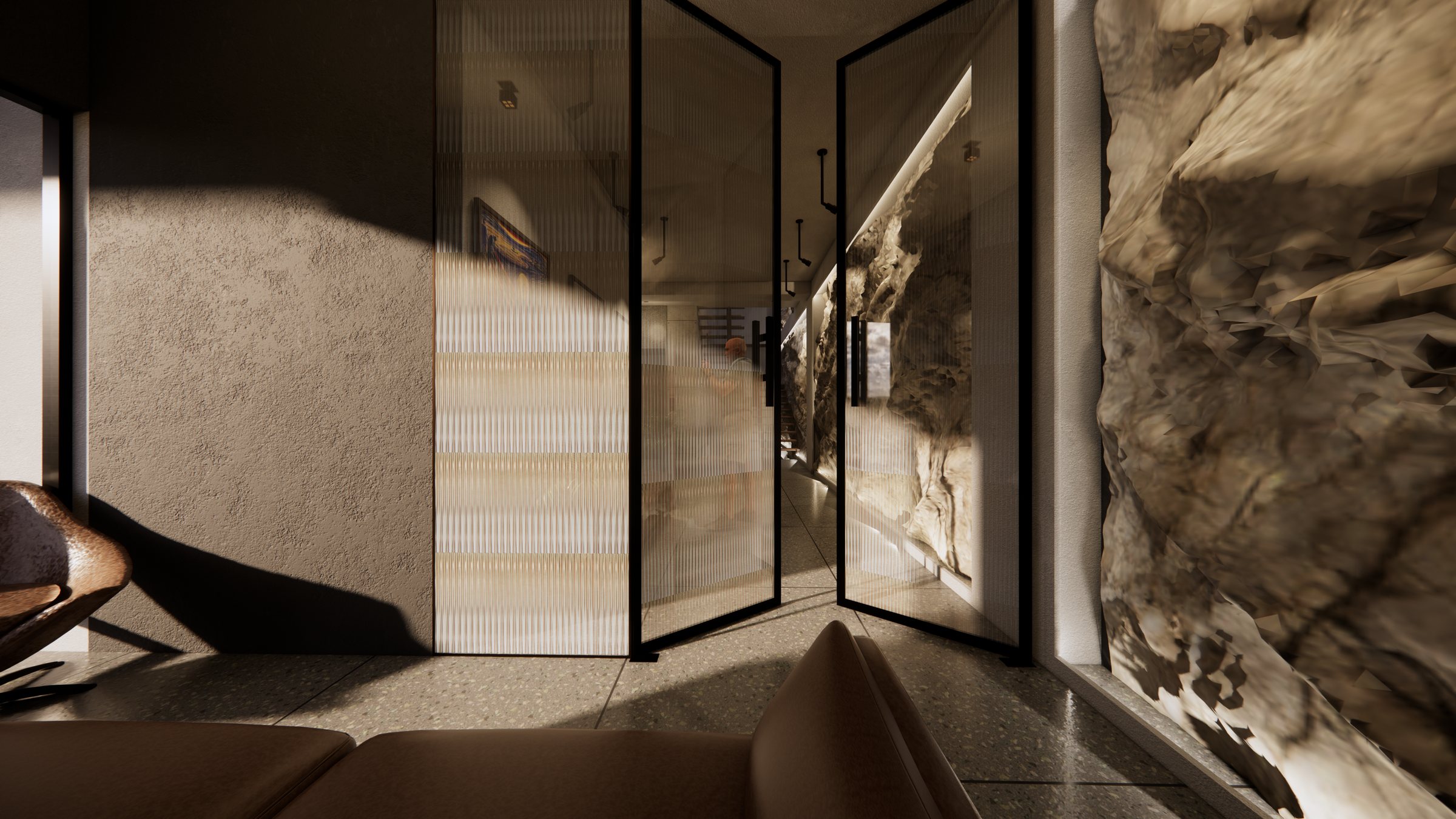 Reeded glass doors onto the stone corridor