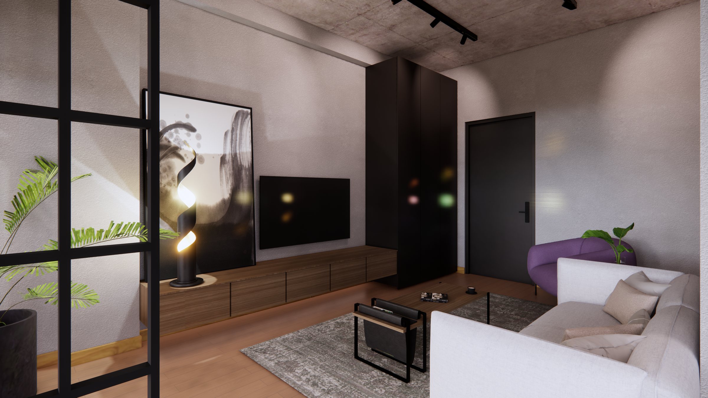 Living area with the bed beyond the steel screen
