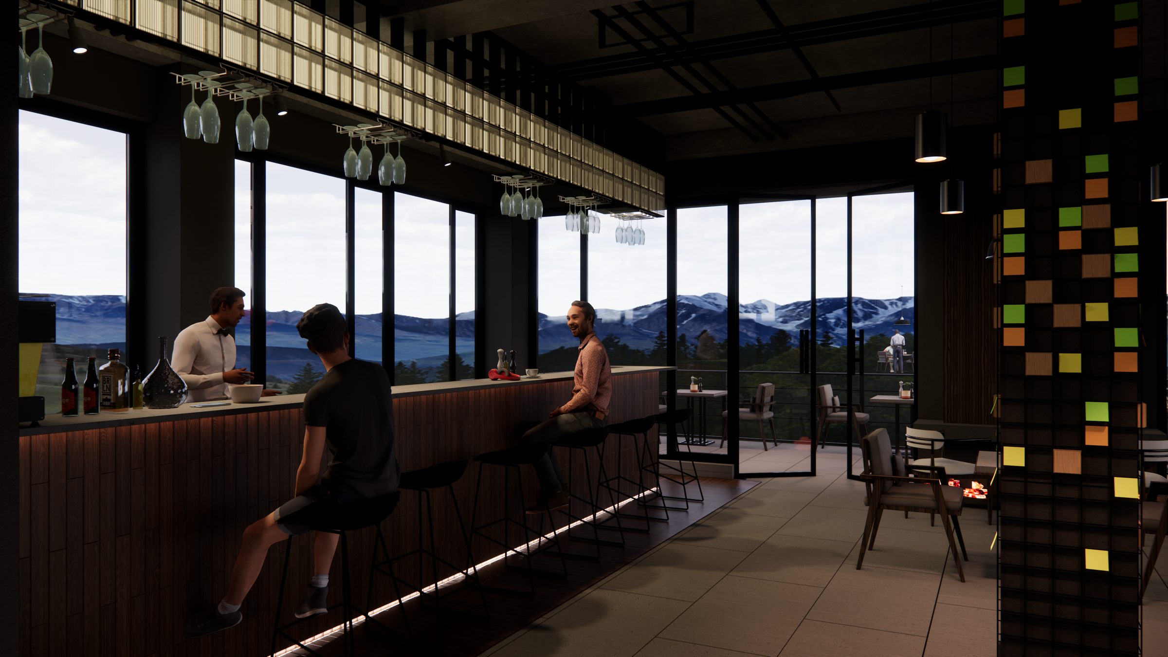 The bar and dining room at night