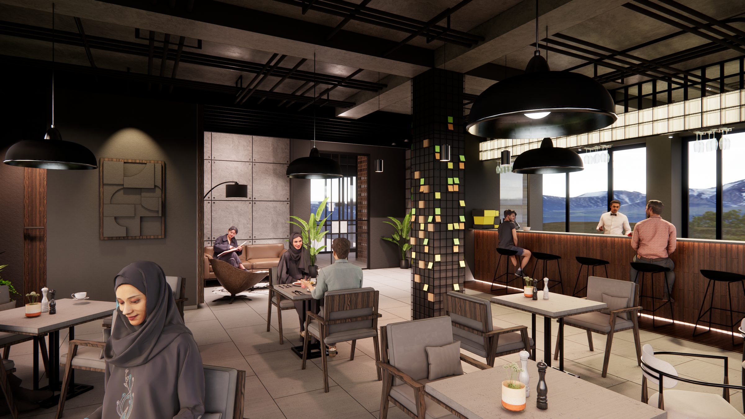 Dining room behind the timber lattice screen