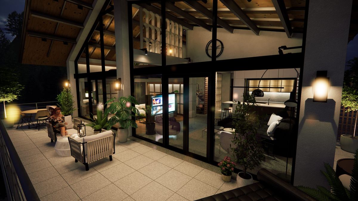 Terrace at night under the gabled roof