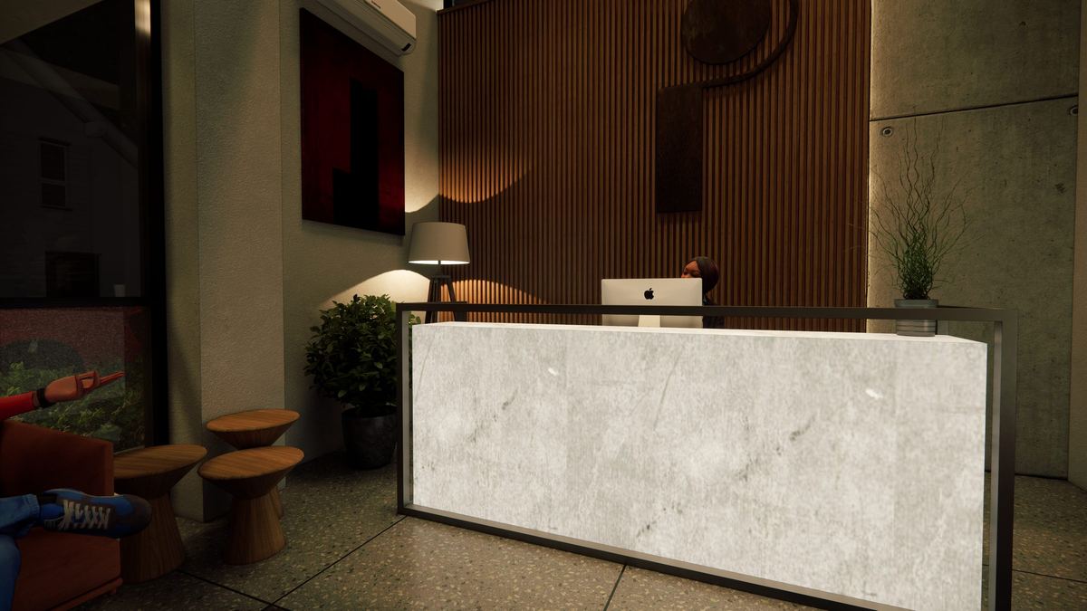 Backlit stone reception desk against reeded timber