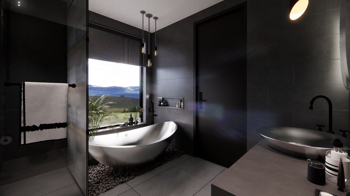 Dark bathroom with steel basin and window to the hills