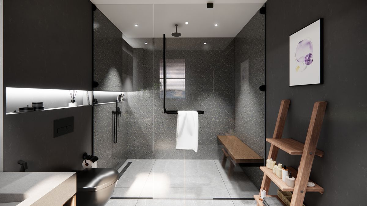 Walk-in shower in terrazzo tile with a teak bench