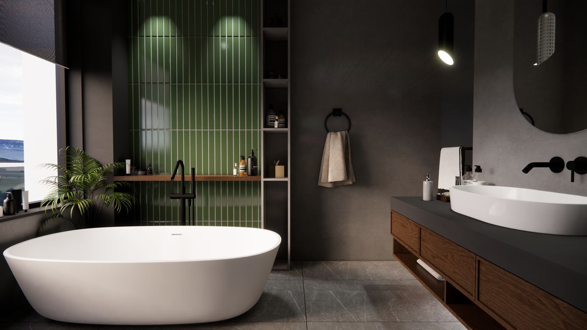 Suite bathroom with freestanding tub, green tile and twin basins