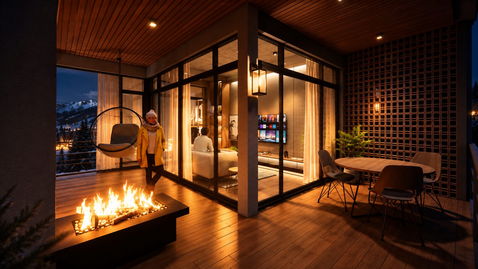 A private terrace at night, the fire lit, hanging chair and dining table under the timber soffit