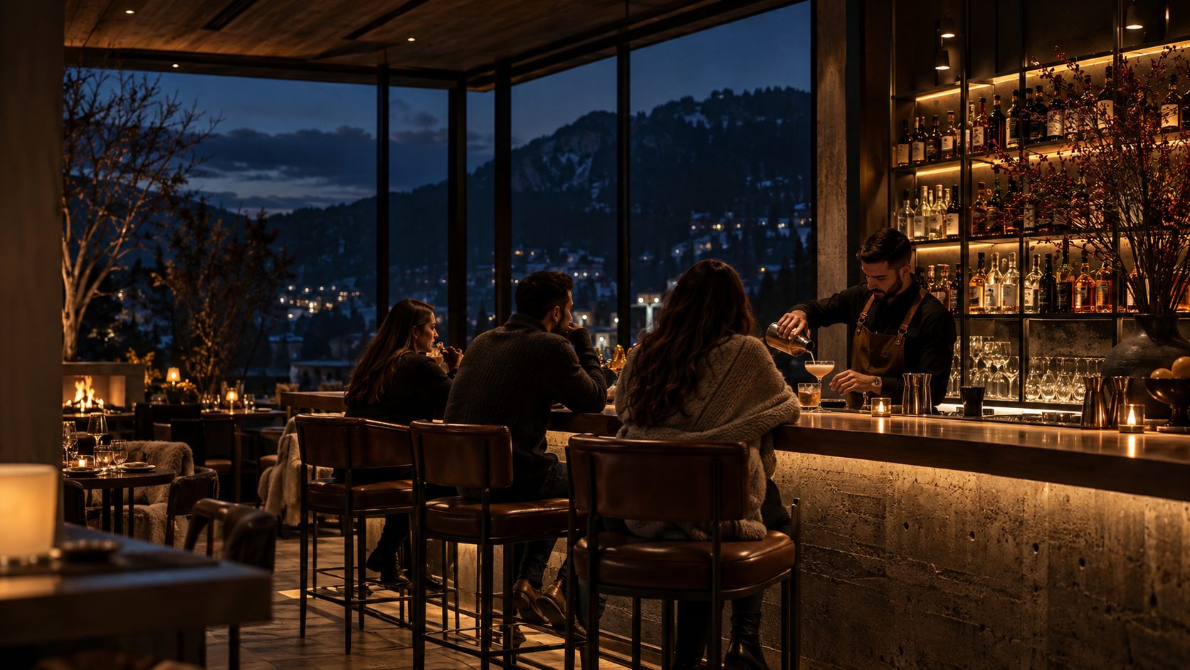 The bar at Test Kitchen by Grey at dusk, bartender pouring, mountains beyond the glass