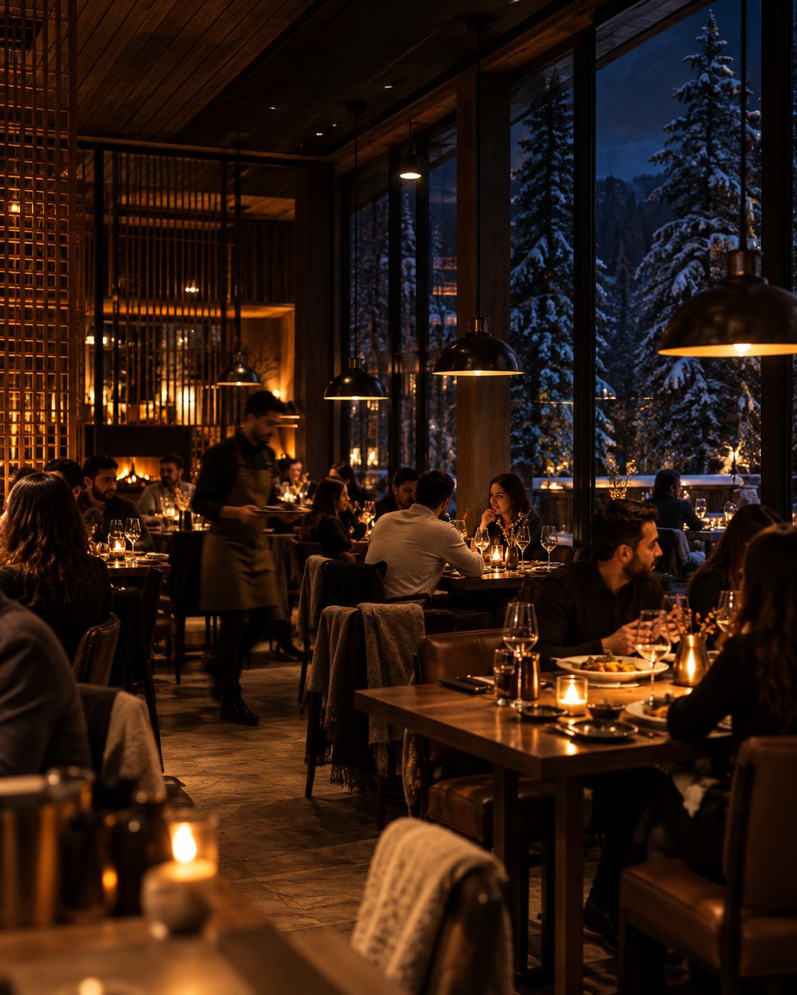 The dining room at Test Kitchen by Grey in the evening, tables full under low pendant light