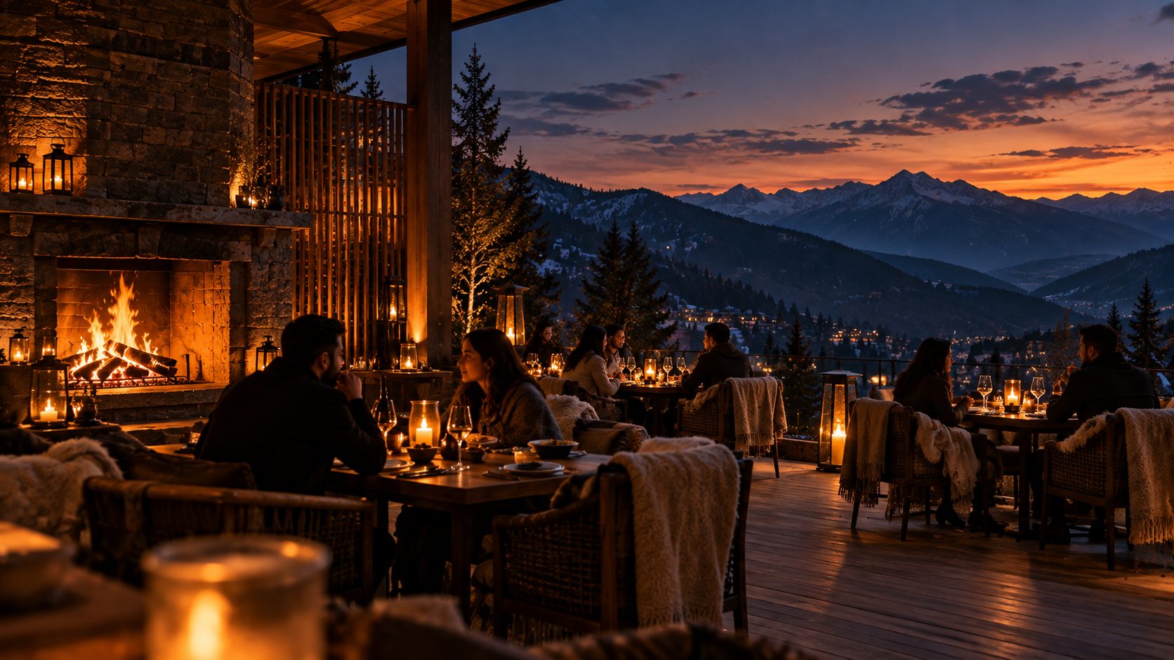 The terrace at dusk, open fire burning, tables set above the valley