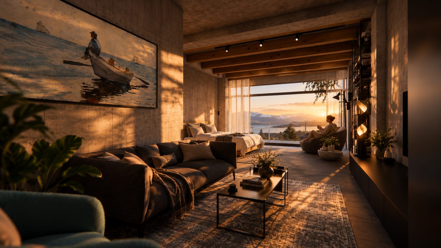 A residence at golden hour, the valley and the snow line through open glazing